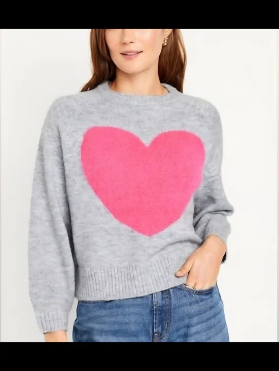 Old Navy Gray Cropped Crewneck Sweater with Fluffy Pink Heart - Picture 2 of 5